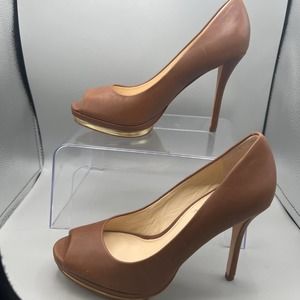 Vince Camuto VC Signature 6.5 Amour Platform Peep-Toe Leather Heels Nutmeg EUC